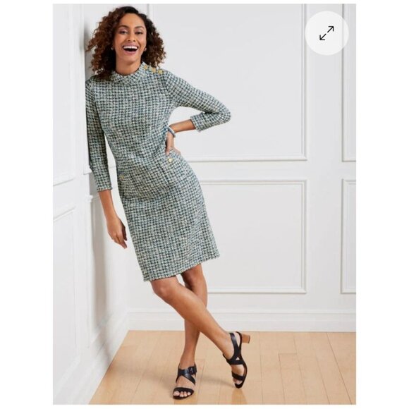 Talbots Button Detail Tweed Shift Dress Size XL Blue/White Mockneck Career - Picture 2 of 12